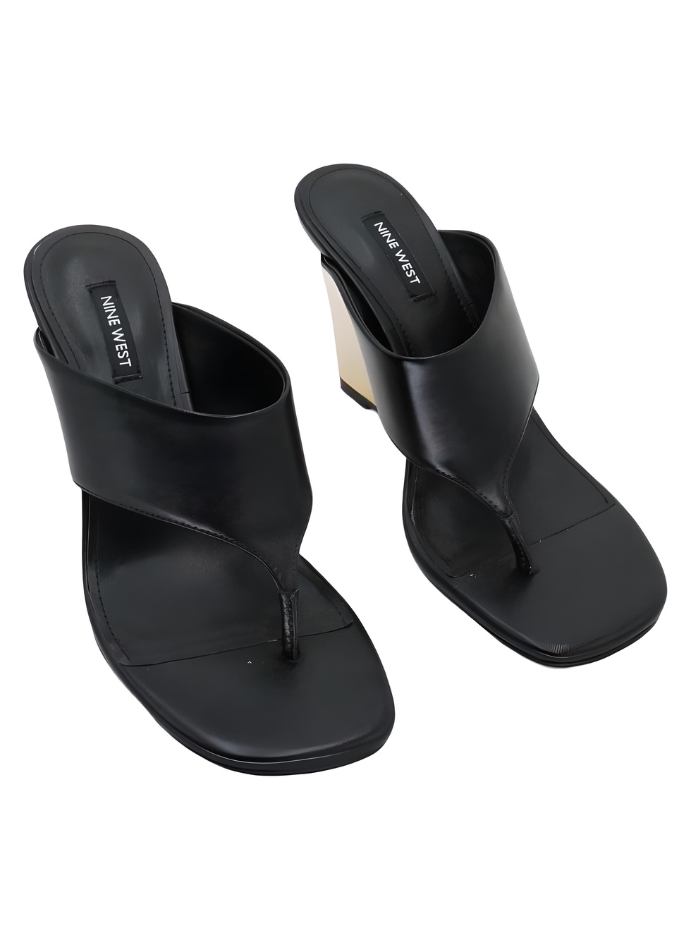 Nine West Presa Square Toe 3" Heel Thong Wedge Sandals Black Gold Size 8.5M